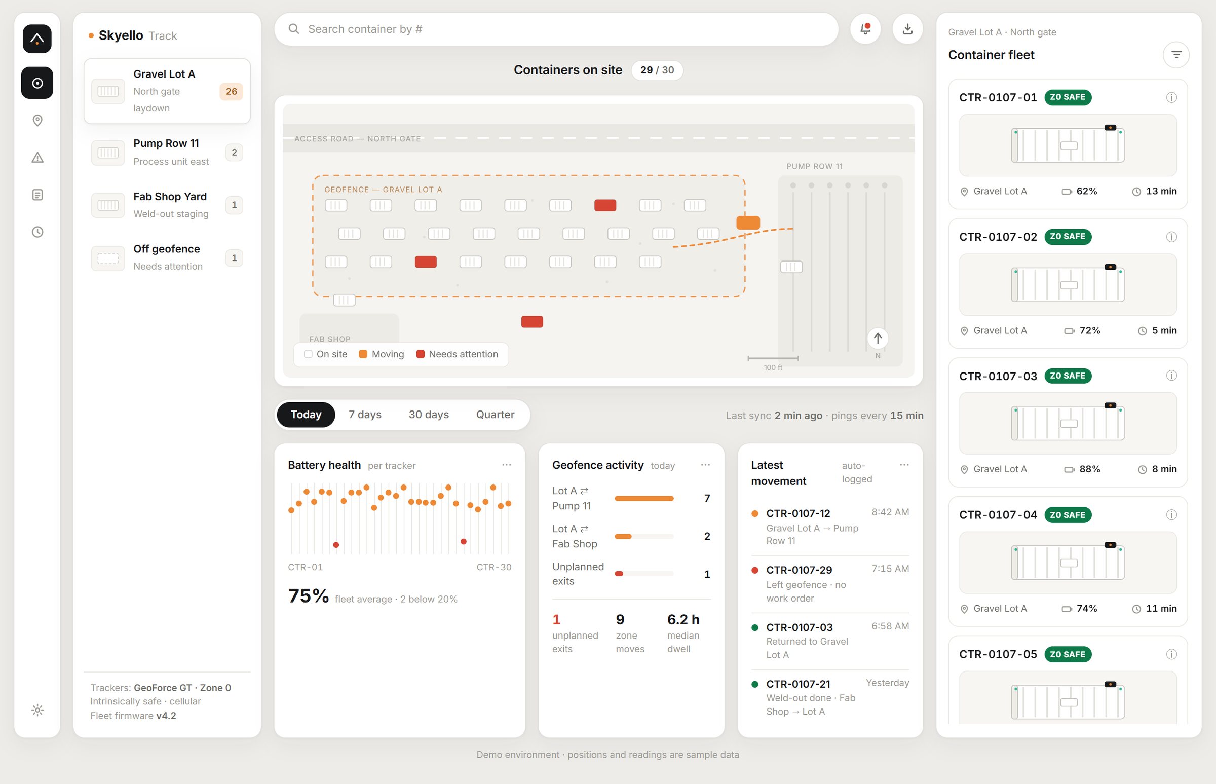 First concept: a light asset-tracking dashboard with sites, a site plan, battery health, geofence activity and a fleet list