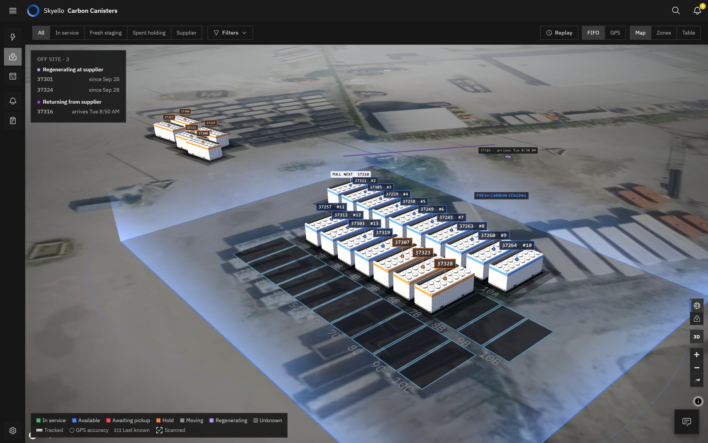 Close 3D view of fresh staging: canisters on painted bays, each labelled with its queue position, two marked last known