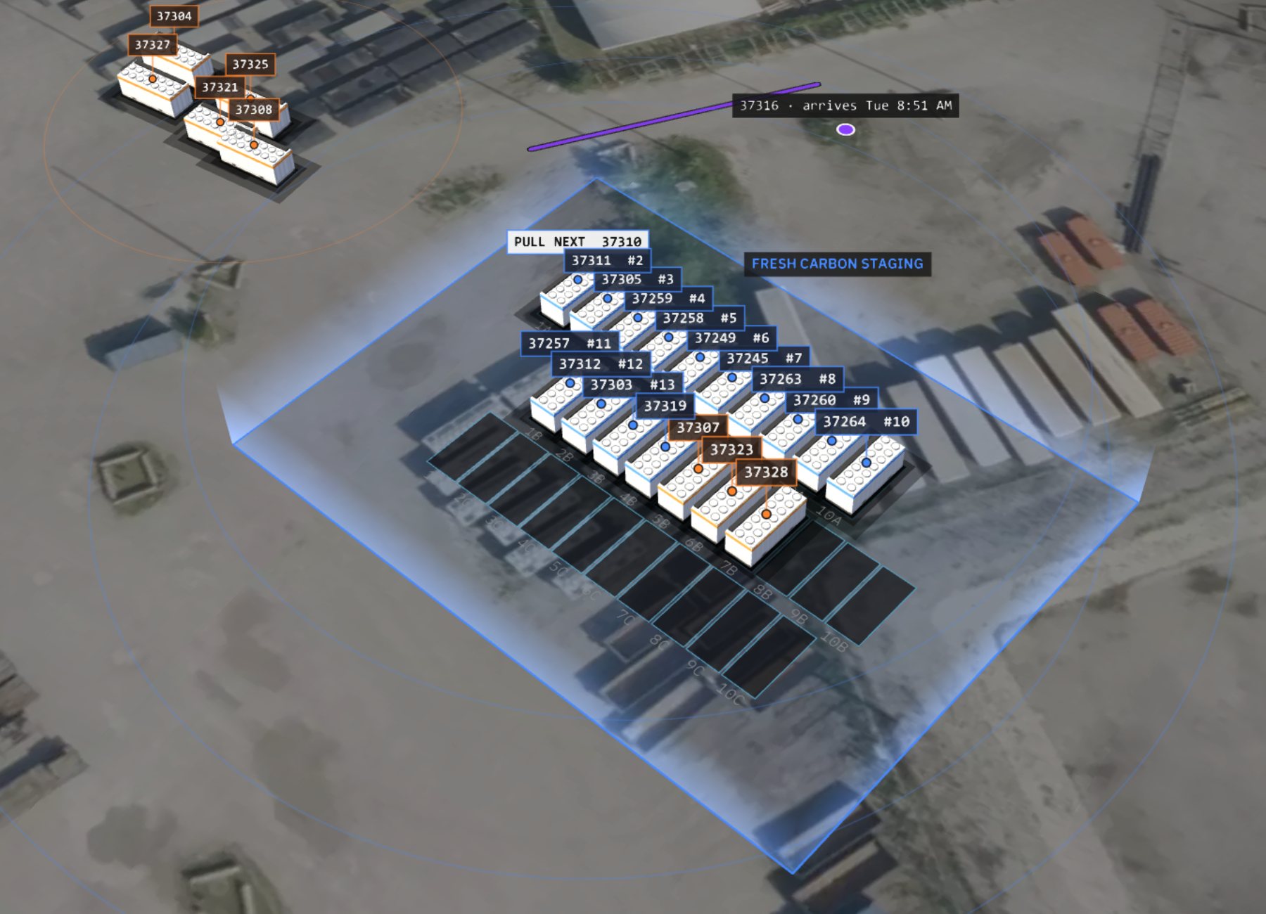 Same yard seated in pull order: every canister on a numbered bay, PULL NEXT on the first