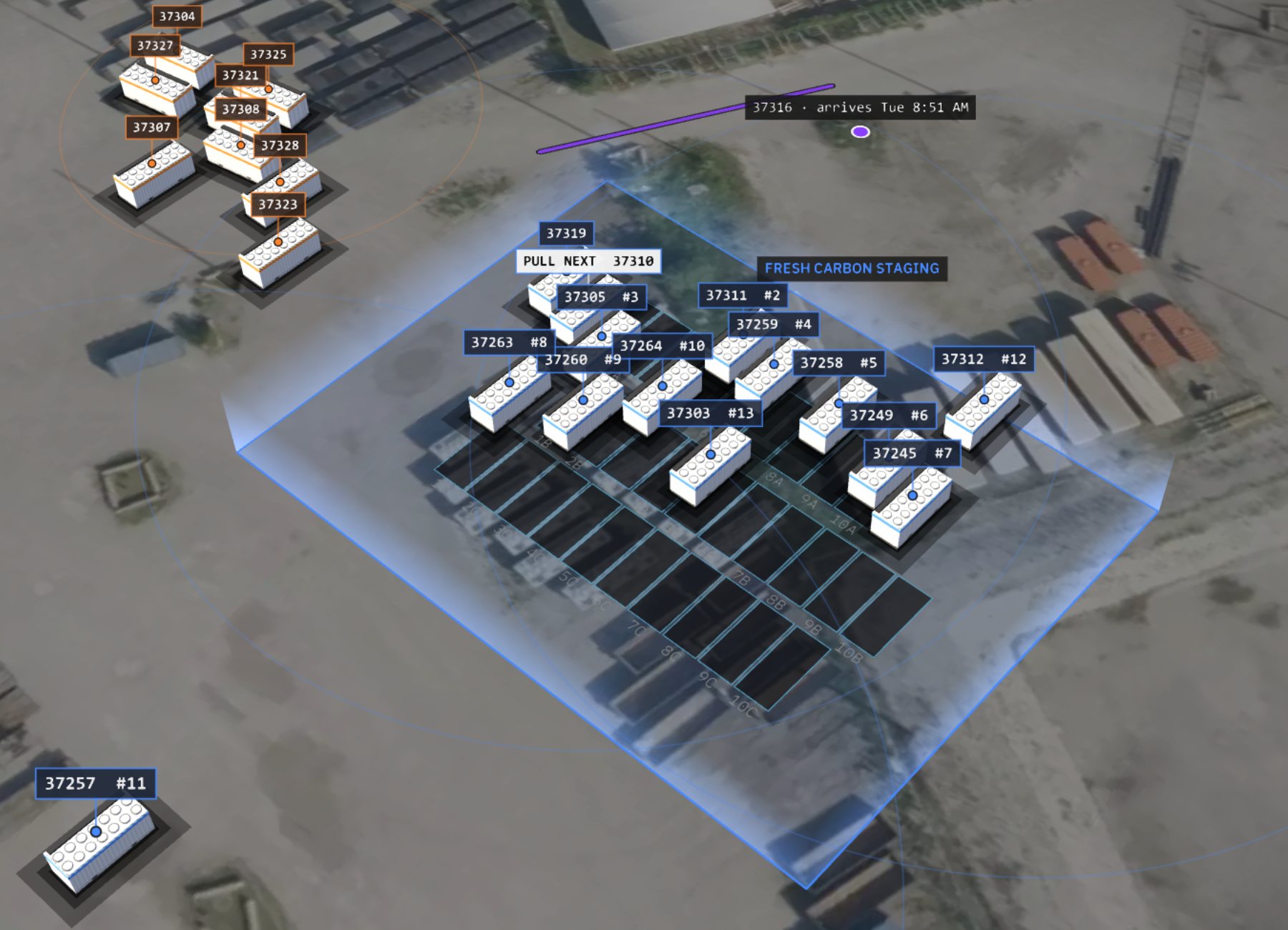 Staging yard as GPS reports it: canisters scattered and overlapping, one well outside the zone