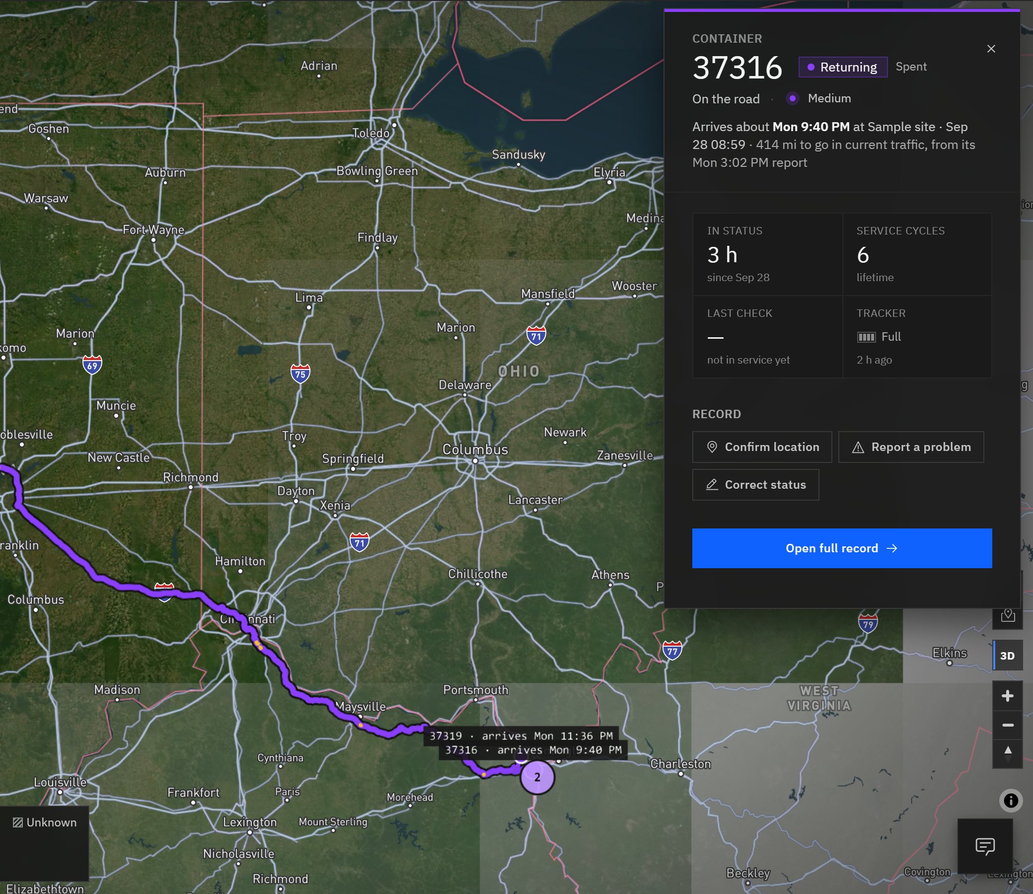 A canister returning from the supplier: route coloured by traffic, arrival time in the card