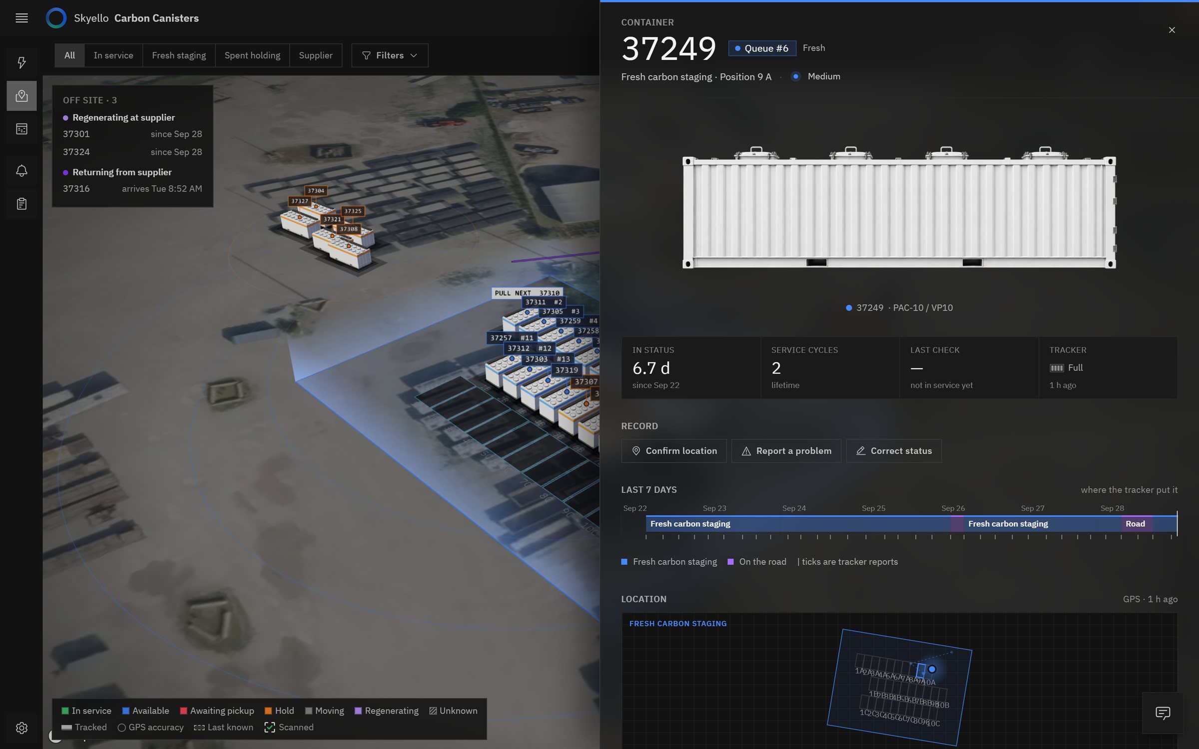 A canister record: queue position, time in status, service cycles, tracker, and a seven-day timeline