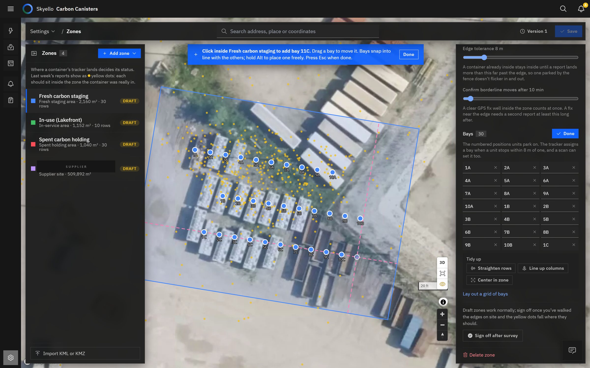 Zone editor in bay mode: snap guides lining up the next bay, last week's reports as yellow dots, tidy up tools