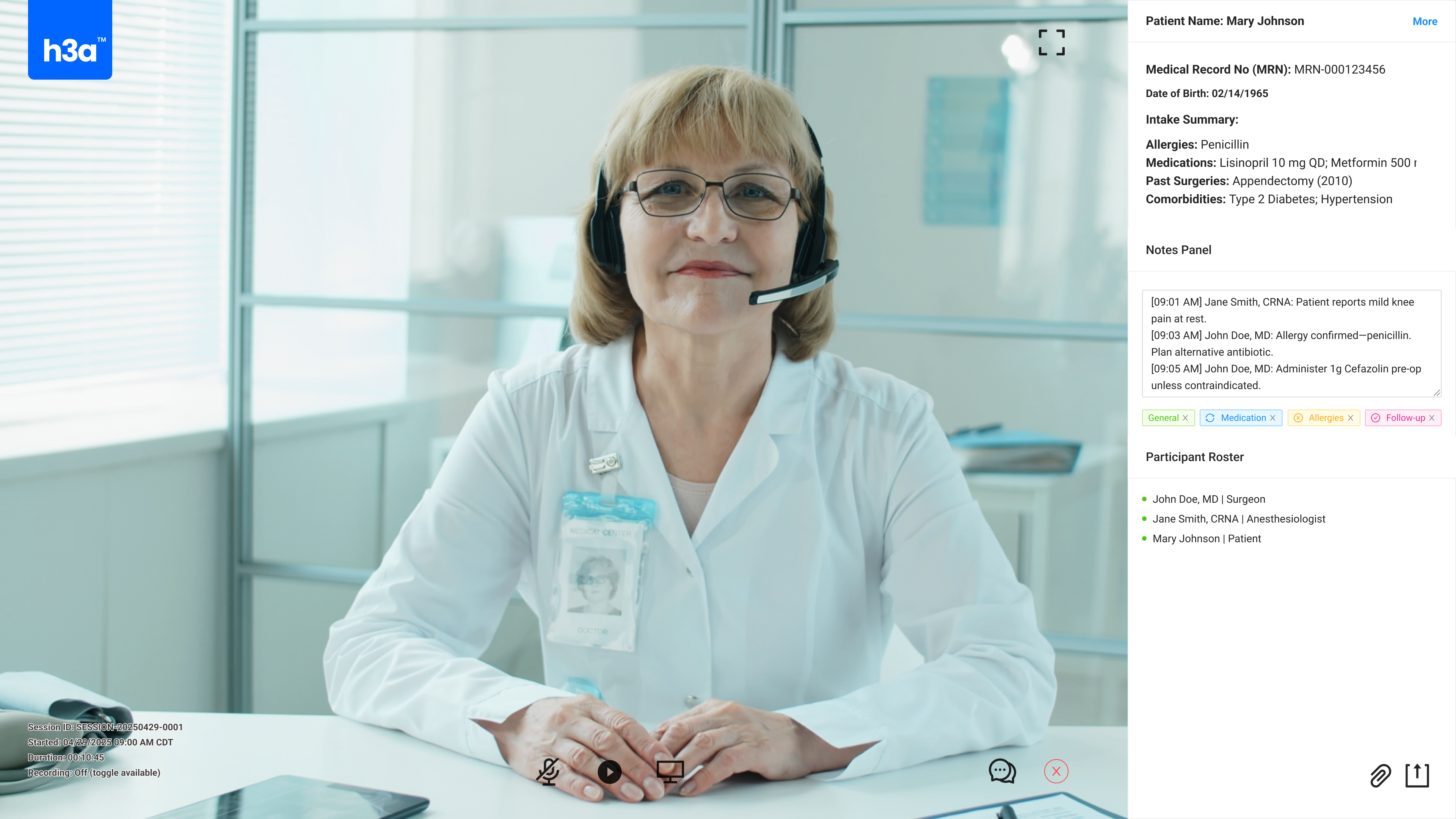 H3A video consultation interface showing clinician view with patient video, medical record, and notes panel
