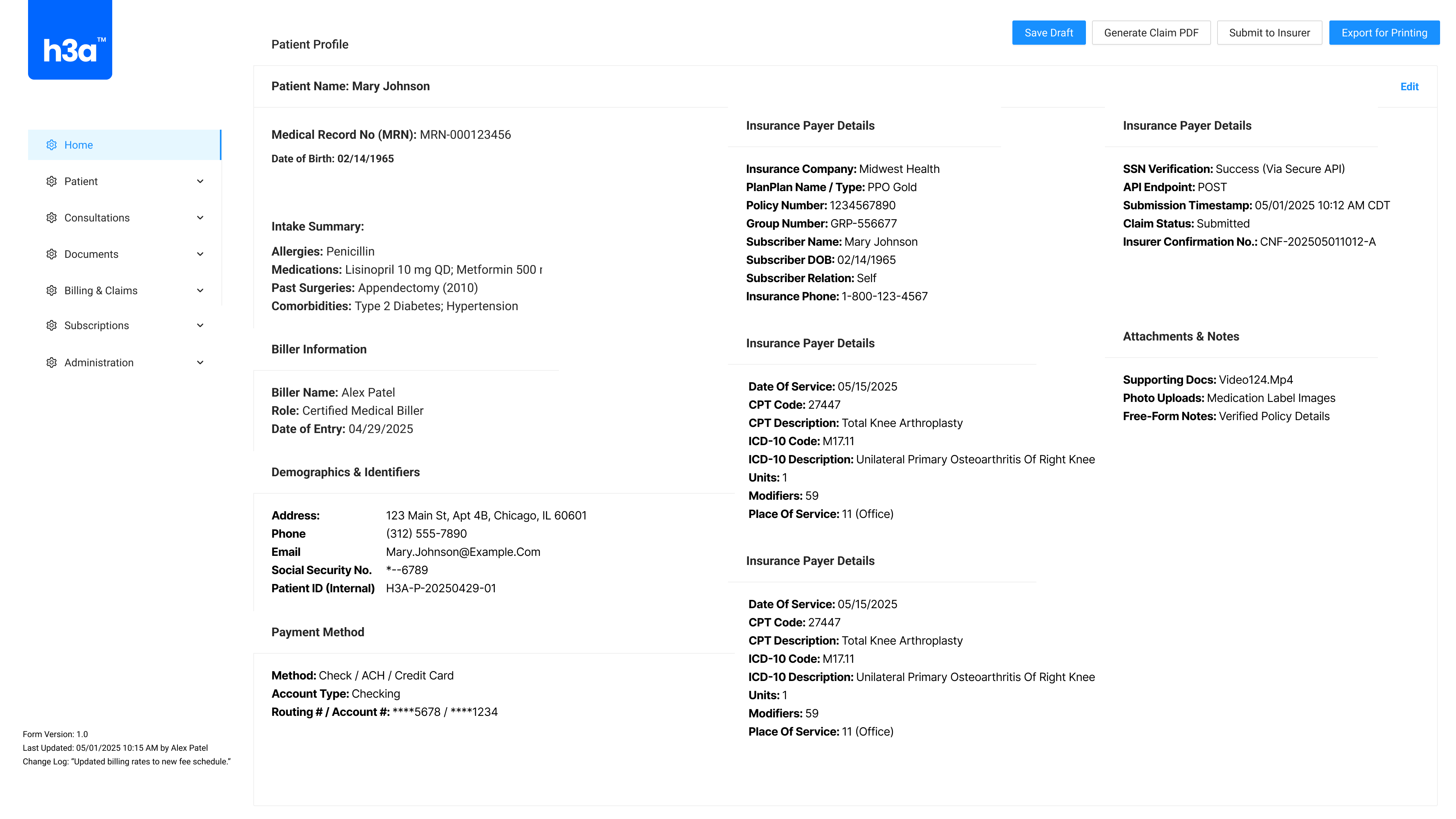 H3A patient profile with billing details, insurance payer information, and claims data